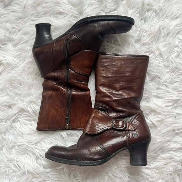 Born Shoes - Vintage Born Pavan Hand Crafted Brown Leather Mid Calf Heeled Boots 👢 size 8.5